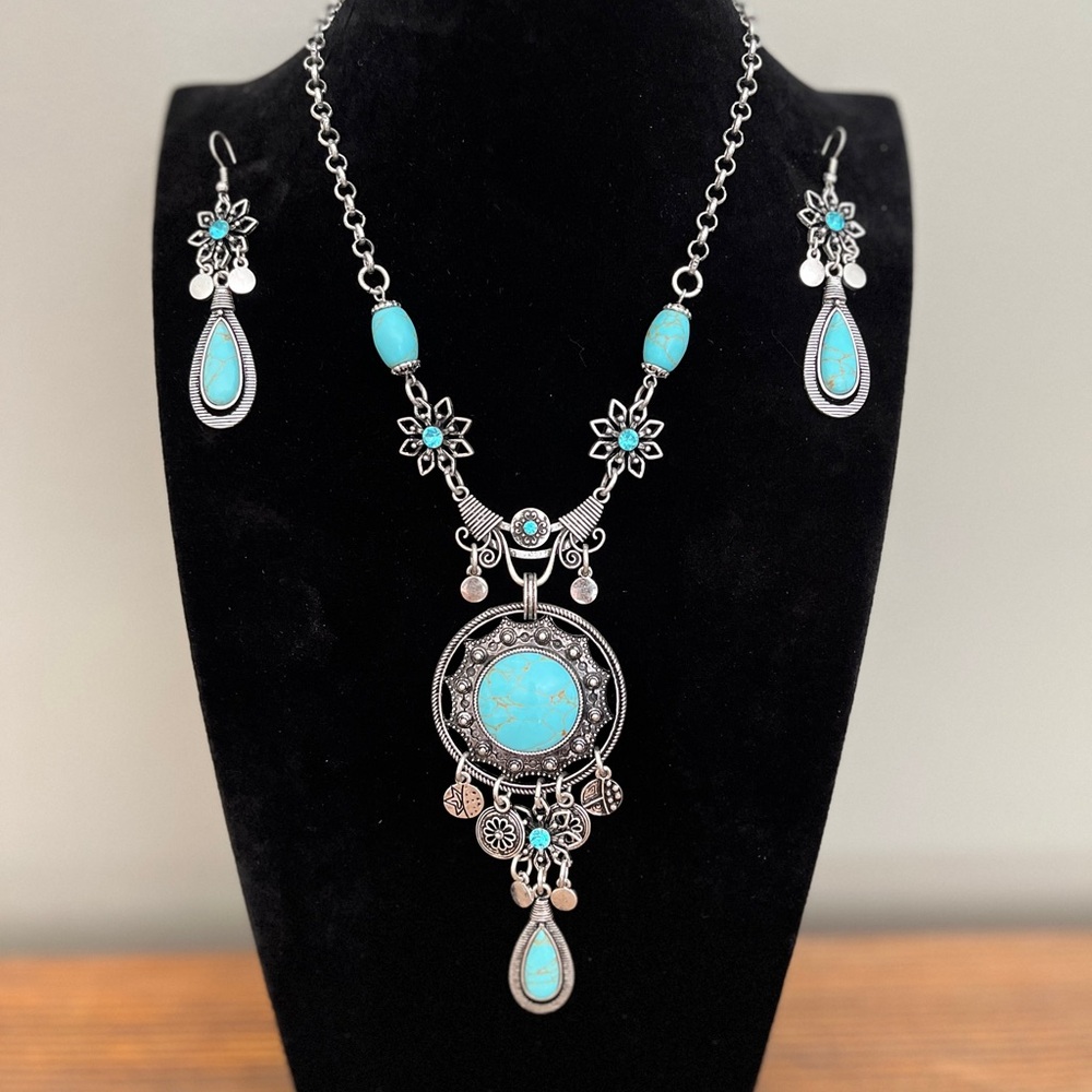 Turquoise and Silver Necklace and Earring Set